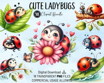 かわいいてんとう虫のクリップアート バンドル、カラフルな保育園のてんとう虫、高品質の PNG、印刷可能な水彩画のクリップアート、デジタル ダウンロード、工芸品