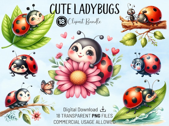 Cute Ladybugs Clipart Bundle, Colourful Nursery Ladybugs, High Quality PNGs, Printable Watercolour Clipart, Digital Download, Crafts