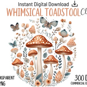 Clipart lunatique de champignon champignon, aquarelle à usage commercial PNG transparent, pour travaux manuels, cartes, pages de scrapbooking, invitations à une fête, POD
