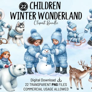 Paquete de imágenes prediseñadas de invierno para niños, diseños de invierno para niños, PNG de alta calidad, imágenes prediseñadas de acuarela imprimibles, manualidades, tarjetas, POD