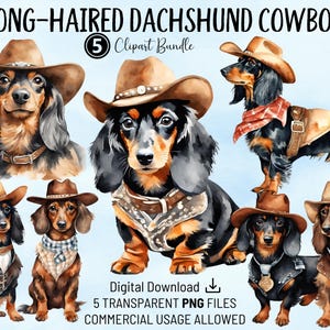 Langhaar Dackel Cowboy Clipart Bundle - Aquarell PNGs für kommerzielle Nutzung | Perfekt für Karten, Scrapbook Seiten, Einladungen & POD