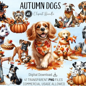 Pacote de clipart de cães de outono, 39 designs de outono de raças de cães, 41 PNGs de alta qualidade, clipart em aquarela para impressão, download digital, artesanato, cartões