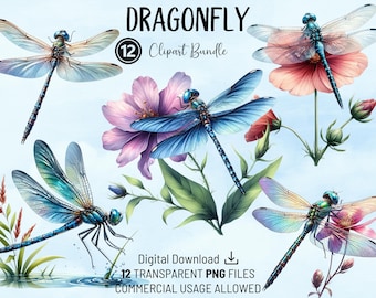 Dragonfly Clipart Bundle: Watercolor PNG Illustrations (Digital Download)