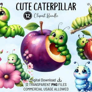 Cute Caterpillar Clipart Bundle, Colourful Nursery Caterpillar, High Quality PNGs, Printable Watercolour Clipart, Digital Download, Crafts