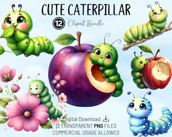 Cute Caterpillar Clipart Bundle, Colourful Nursery Caterpillar, High Quality PNGs, Printable Watercolour Clipart, Digital Download, Crafts