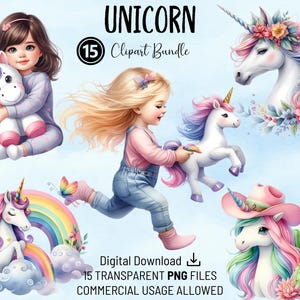 Pacchetto Clipart Unicorno, PNG Trasparente per Uso Commerciale ad Acquerello, per Artigianato, Biglietti, Pagine di Album, Inviti per Feste, POD