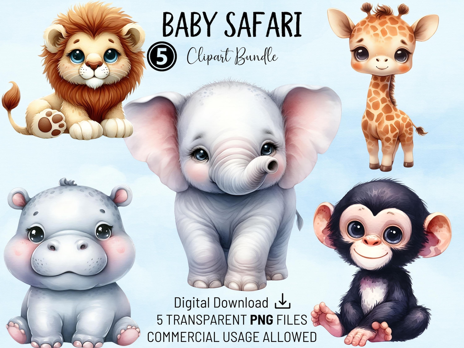 Baby Safari Animals Clipart Bundle, Cute Baby African Animals Digital ...