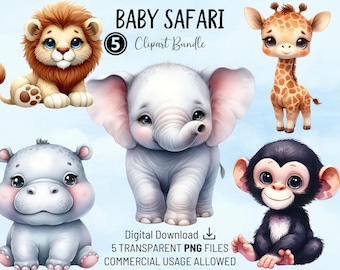 Baby Safari Animals Clipart Bundle, Cute Baby African Animals Digital Printable, Transparent PNG, For Cards, Scrapbooks, Party Invitations