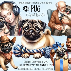 Cute Pug Clipart Bundle - Man&#39;s Best Friend Collection, Instant Download PNG Files for Pug theme Cards, Invitations, Scrapbooks and Crafting