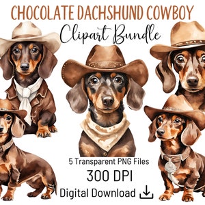 Pacchetto di clipart da cowboy bassotto marrone cioccolato, acquerello uso commerciale PNG trasparente, per carte, pagine di album, inviti per feste