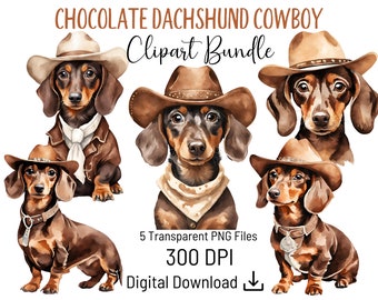 Chocolate Brown Dachshund Cowboy Clipart Bundle, Watercolor Commercial Use Transparent PNG, For Cards, Scrapbook Pages, Party Invitations