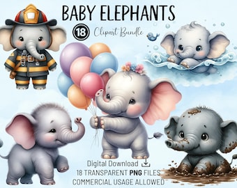 Baby Elephants Watercolor Clipart Bundle: Nursery PNGs (Digital Download)