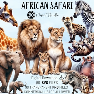 Pacchetto Clipart Safari africano - Animali africani Download istantaneo file PNG e SVG per cartoline, inviti, scrapbooking e artigianato