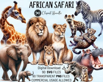 African Safari Animal Clipart Bundle: 90 PNG & SVG Files (Digital Download)