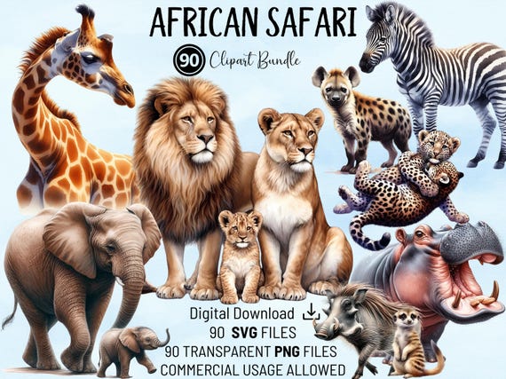 African Safari Animal Clipart Bundle: 90 PNG & SVG Files (Digital Download)