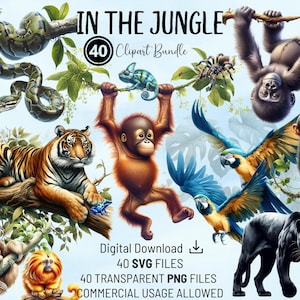 In the Jungle Clipart Bundle - Jungle Animals Descarga instantánea de archivos PNG y SVG para tarjetas temáticas de la selva, invitaciones y elaboración