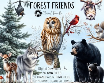 Forest Friends Clipart Bundle: Woodland Animals PNG & SVG Files for Cards, Invitations and Content Creating. Great for All Craft Projects!