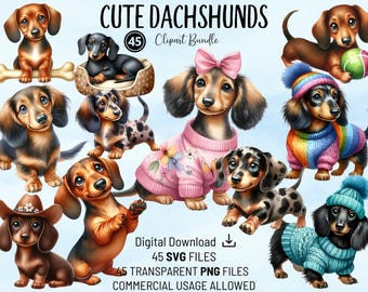 Cute Dachshunds Clipart Bundle - Playful Dachshund Instant Download PNG and SVG Files for Dachshund Theme Cards, Invitations and Crafting
