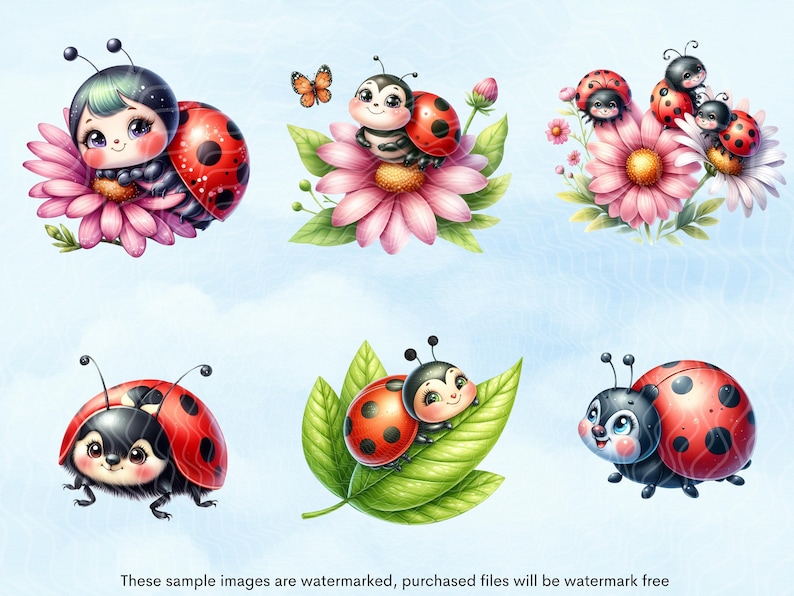 May include: A set of digital illustrations featuring cute cartoon ladybugs with black spots and red shells. Some ladybugs are on flowers, while others are on leaves. The illustrations are perfect for adding a touch of whimsy to any project.