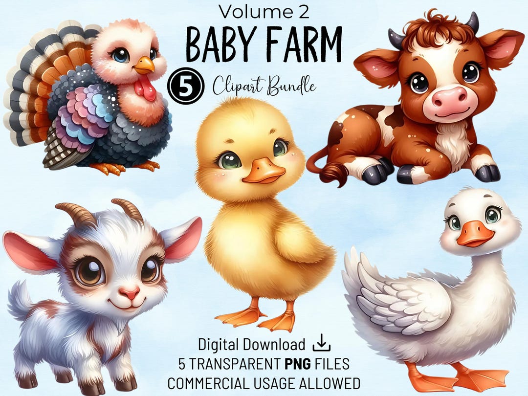 Baby Farm Clipart Bundle Volume 2, Cute Farm Animal Illustrations ...