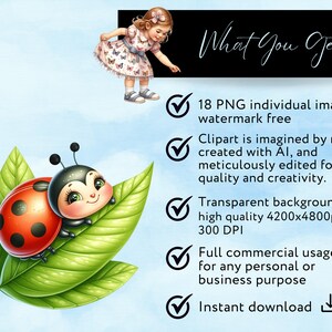 May include: A digital illustration of a red and black ladybug with black spots on a green leaf. The ladybug is smiling and has large, green eyes. The image is part of a set of 18 PNG images, all watermark free, with transparent backgrounds and high quality.