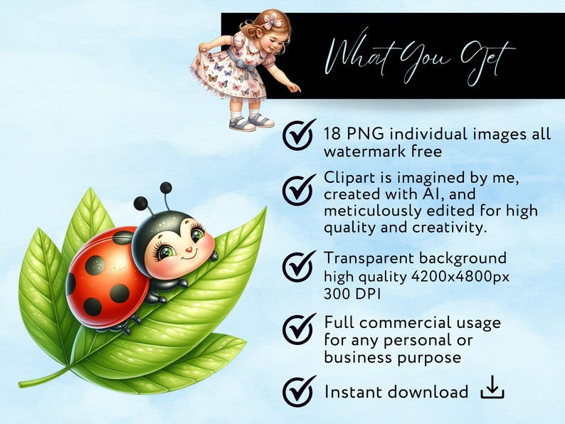 May include: A digital illustration of a red and black ladybug with black spots on a green leaf. The ladybug is smiling and has large, green eyes. The image is part of a set of 18 PNG images, all watermark free, with transparent backgrounds and high quality.