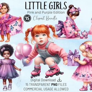 Pacchetto di clipart per bambine, edizione rosa e viola, PNG di alta qualità, acquerello stampabile, download digitale, artigianato, biglietti, scrapbooking
