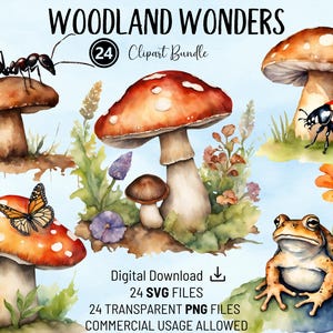 Bundle de cliparts Woodland Wonders, aquarelle champignons champignons à usage commercial PNG et SVG Bundle pour cartes, invitations et travaux manuels, POD