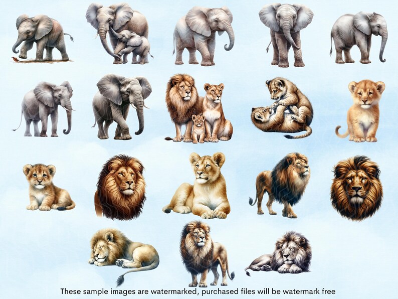 May include: A digital collage of various animals, including elephants and lions, in different poses. The animals are depicted in a watercolor style, with soft, muted colors.