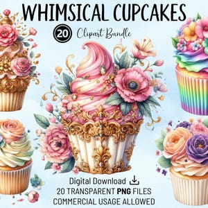 Wunderliche Cupcakes 20 Clipart-Bundle, Aquarell Party Cupcakes, transparentes PNG, für Karten, Scrapbook-Seiten, Party-Einladungen, POD