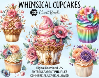 Whimsical Cupcakes 20 Clipart Bundle, Watercolour Party Cupcakes, Transparent PNG, For Craft, Cards, Scrapbook Pages, Party Invitations, POD