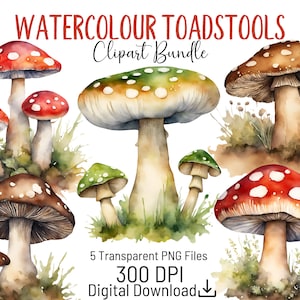 Bundle de cliparts champignon vénéneux, aquarelle à usage commercial PNG transparents, pour travaux manuels, cartes, pages de scrapbooking, invitations à une fête, POD