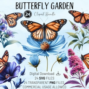 Bundle de cliparts jardin des papillons, fleurs et papillons monarques, usage commercial PNG et SVG Bundle pour cartes, POD, Invitations et travaux manuels