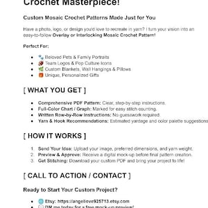 Può includere: Un volantino informativo bianco con testo nero intitolato Turn Your Favorite Image Into a Crochet Masterpiece. Descrive i servizi per schemi di uncinetto a mosaico personalizzati, incluse istruzioni in PDF, grafici a colori e guide riga per riga.