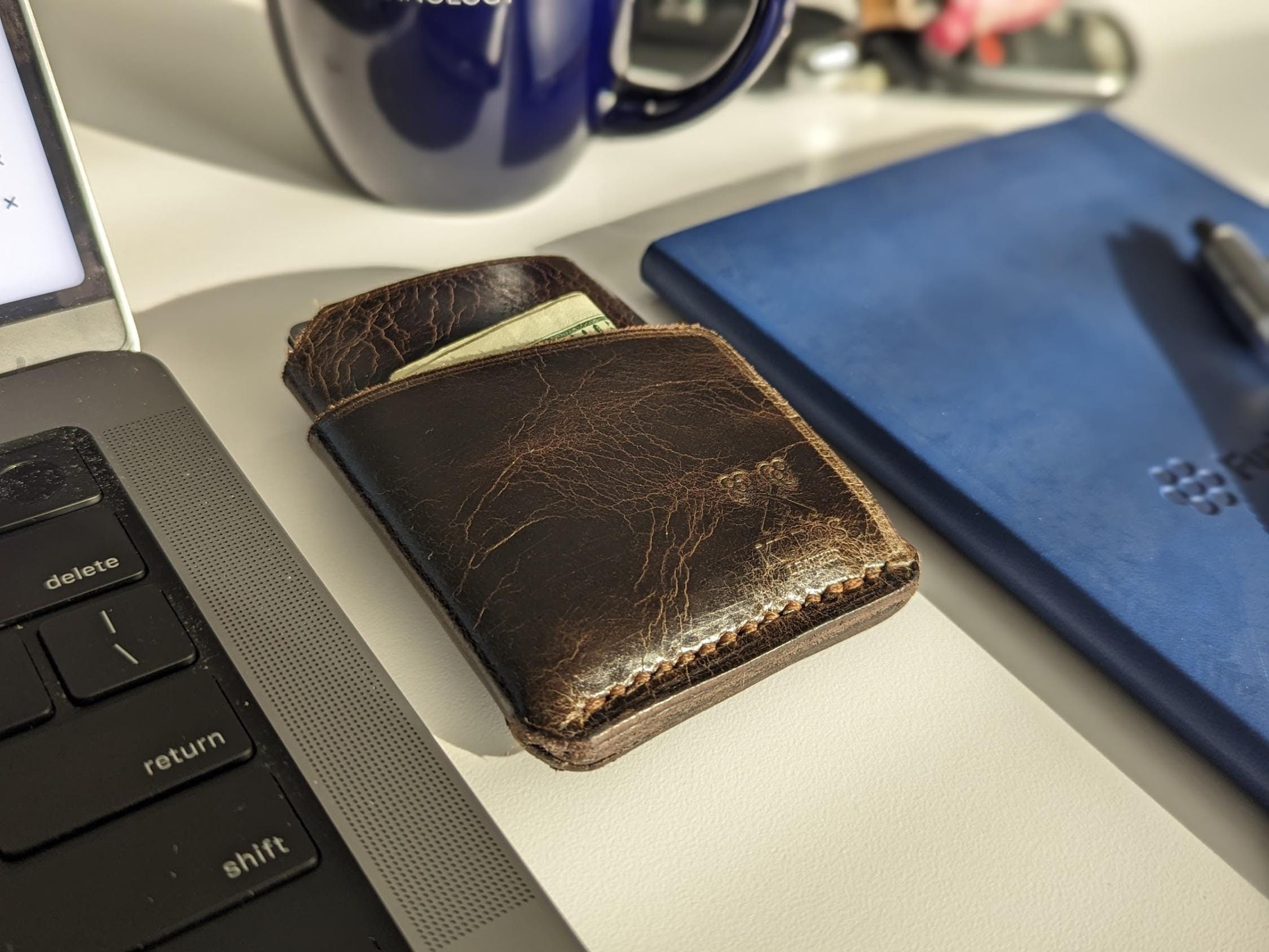 Handmade Veg-Tanned Leather Wallet: Slim 3-Slot Card Holder, Free Engraving - Thumbnail 2