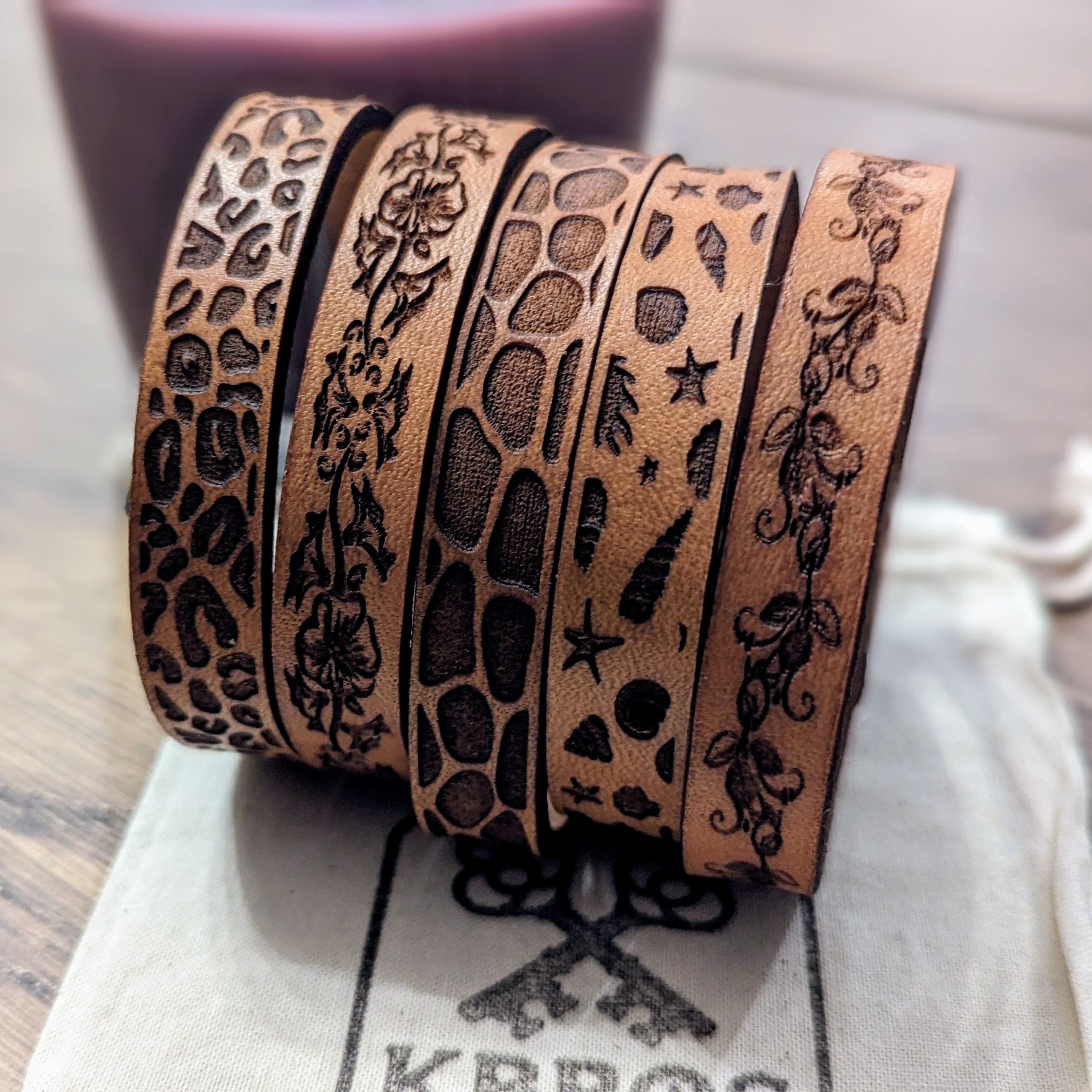 Slim Leather Cuff Bracelet: Engraved Floral Animal Print, Custom Length - Thumbnail 5