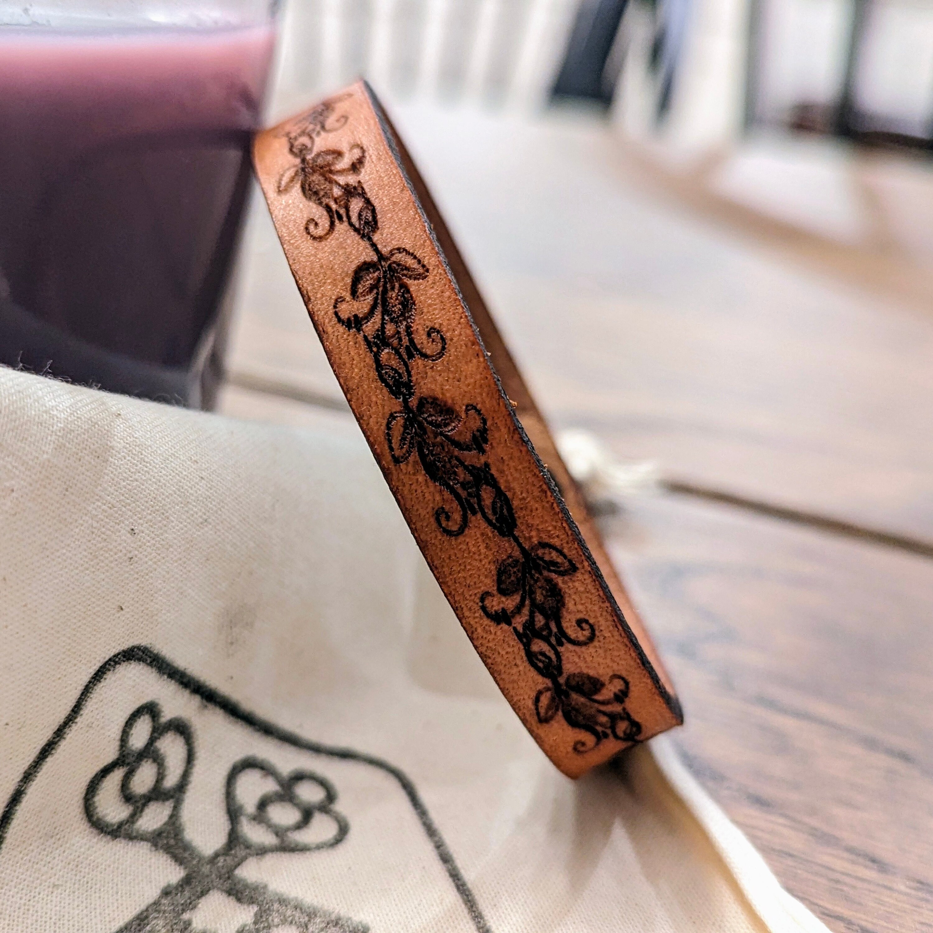 Slim Leather Cuff Bracelet: Engraved Floral Animal Print, Custom Length - Thumbnail 7