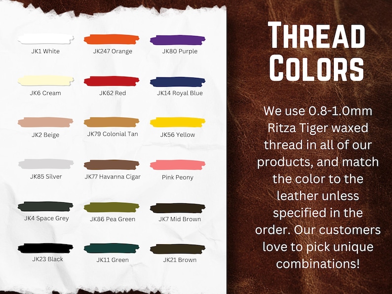May include: A color chart displaying various thread colors, including white, orange, purple, cream, red, and blue. The text "THREAD COLORS" is at the top, with information about Ritza Tiger waxed thread and color matching.