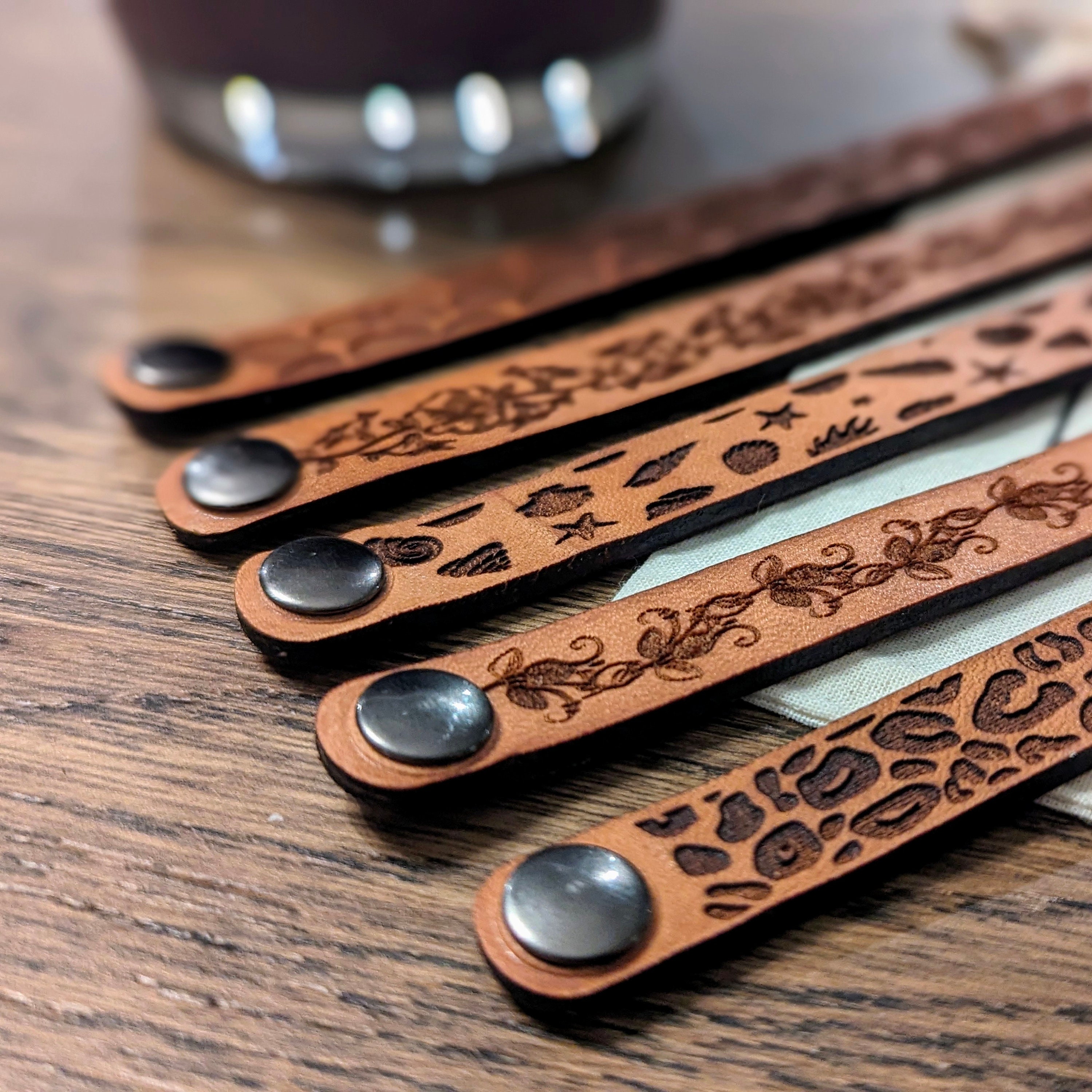 Slim Leather Cuff Bracelet: Engraved Floral Animal Print, Custom Length - Thumbnail 3