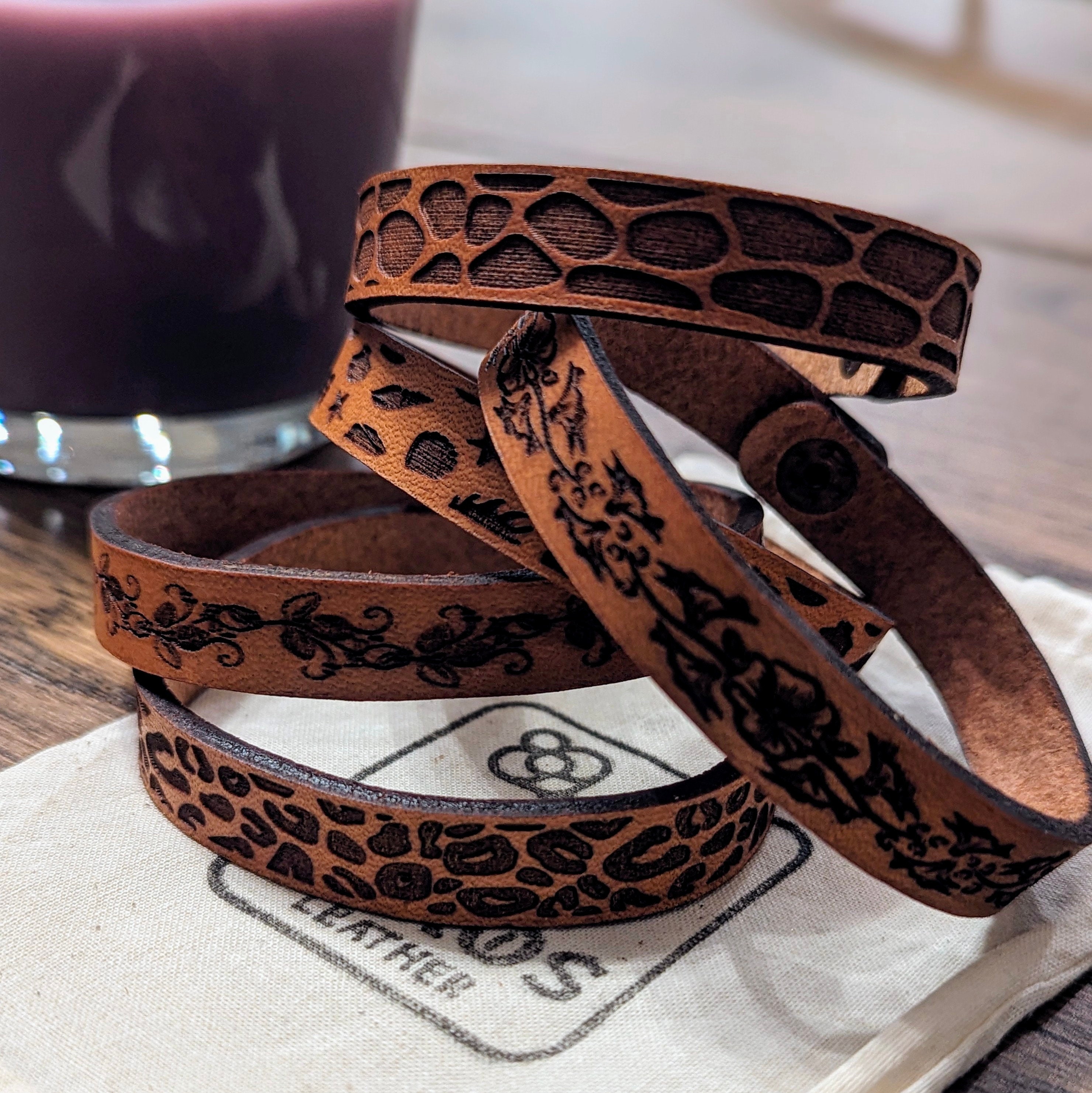 Slim Leather Cuff Bracelet: Engraved Floral Animal Print, Custom Length - Thumbnail 4