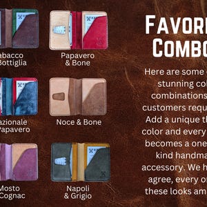 May include: A collection of handmade leather wallets in various color combinations. The wallets are displayed open, showcasing the interior and card slots. Text on the image reads "FAVORITE COMBOS" and lists color pairings like "Tabacco & Bottiglia" and "Nazionale & Papavero."