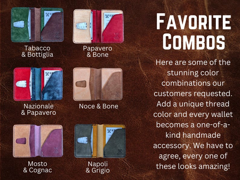 May include: A collection of handmade leather wallets in various color combinations. The wallets are displayed open, showcasing the interior and card slots. Text on the image reads "FAVORITE COMBOS" and lists color pairings like "Tabacco & Bottiglia" and "Nazionale & Papavero."