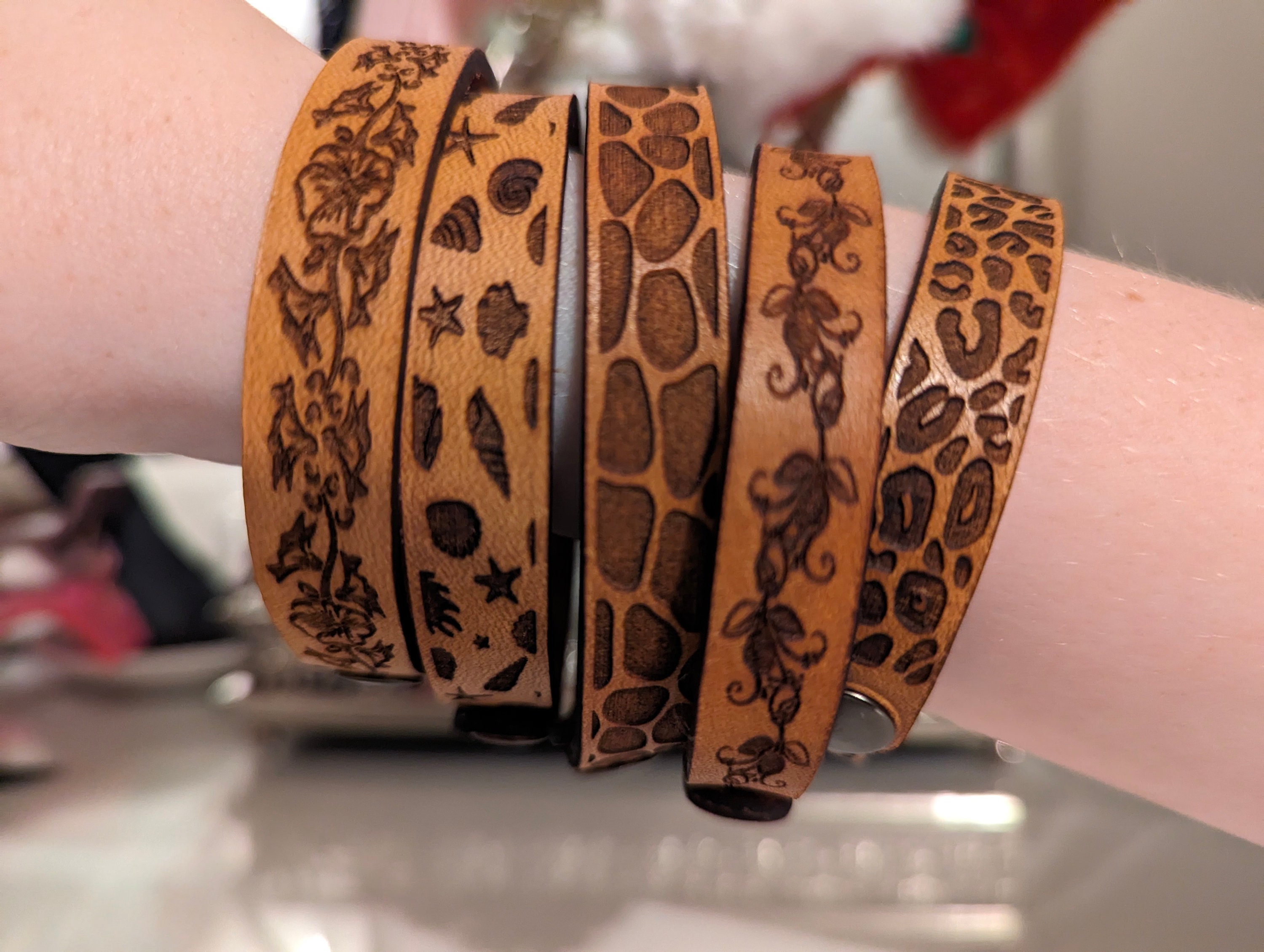 Slim Leather Cuff Bracelet: Engraved Floral Animal Print, Custom Length - Image 1