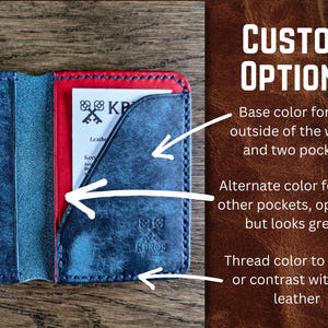 May include: A handmade leather wallet with red, blue, and navy blue sections. The wallet has a card slot and a pocket. The image shows the custom options: base color, alternate pocket color, and thread color.