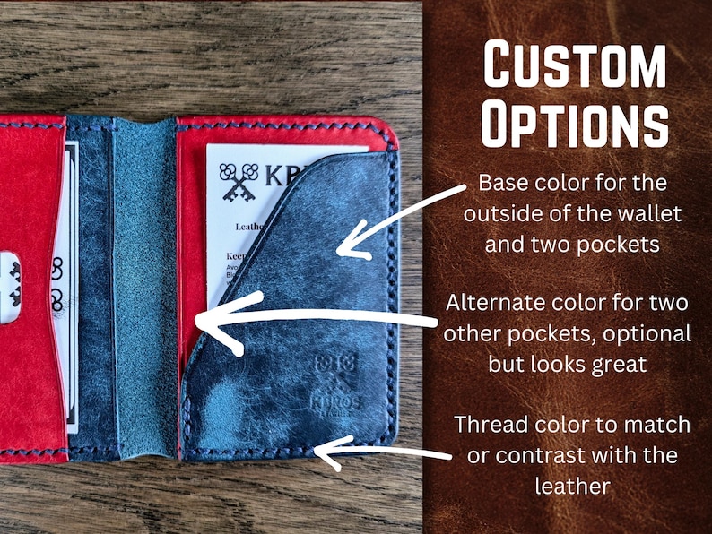 May include: A handmade leather wallet with red, blue, and navy blue sections. The wallet has a card slot and a pocket. The image shows the custom options: base color, alternate pocket color, and thread color.