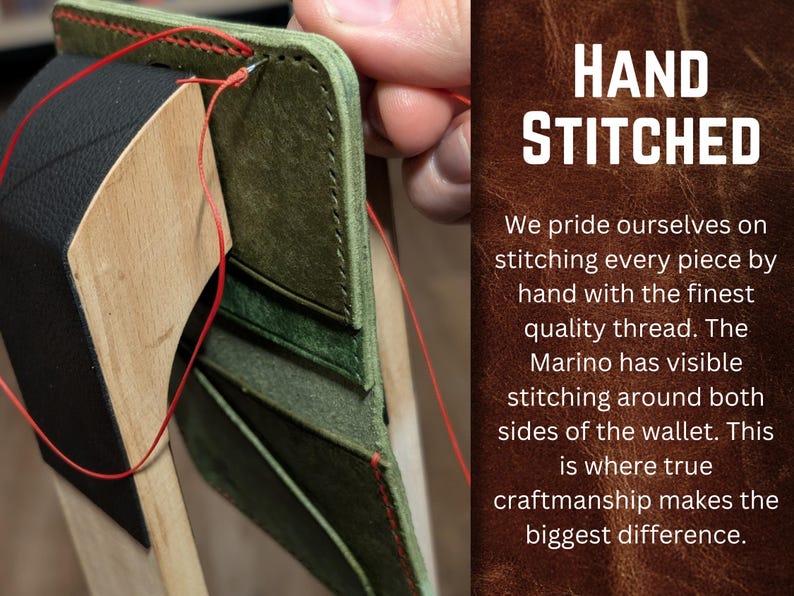 May include: Close-up of a hand-stitched leather wallet in progress. The wallet is olive green and black, with red thread used for the stitching. The text "HAND STITCHED" is visible in the background, emphasizing the craftsmanship.