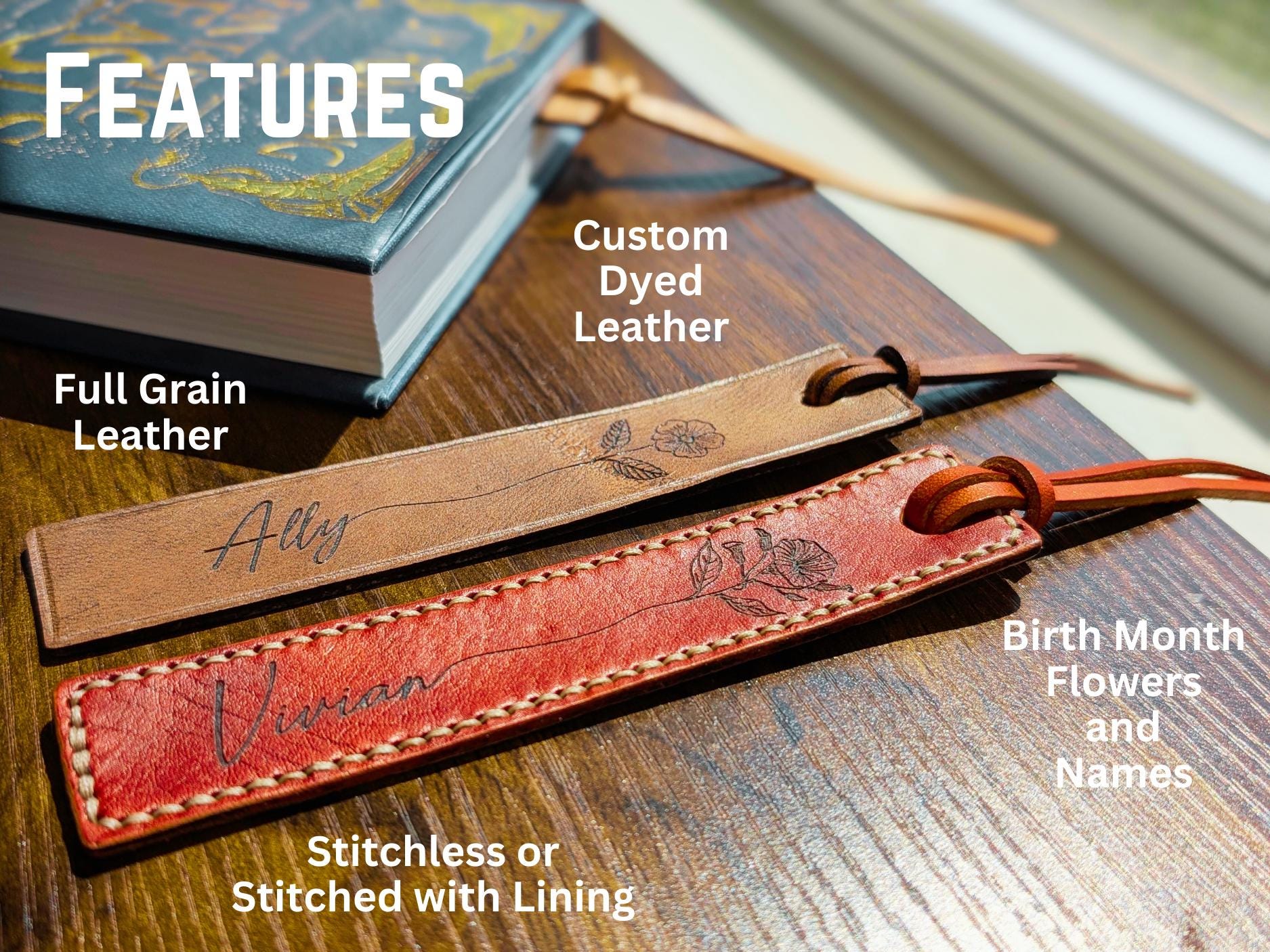 Personalized Birth Flower Leather Bookmark: Custom Reader Gift - Thumbnail 3