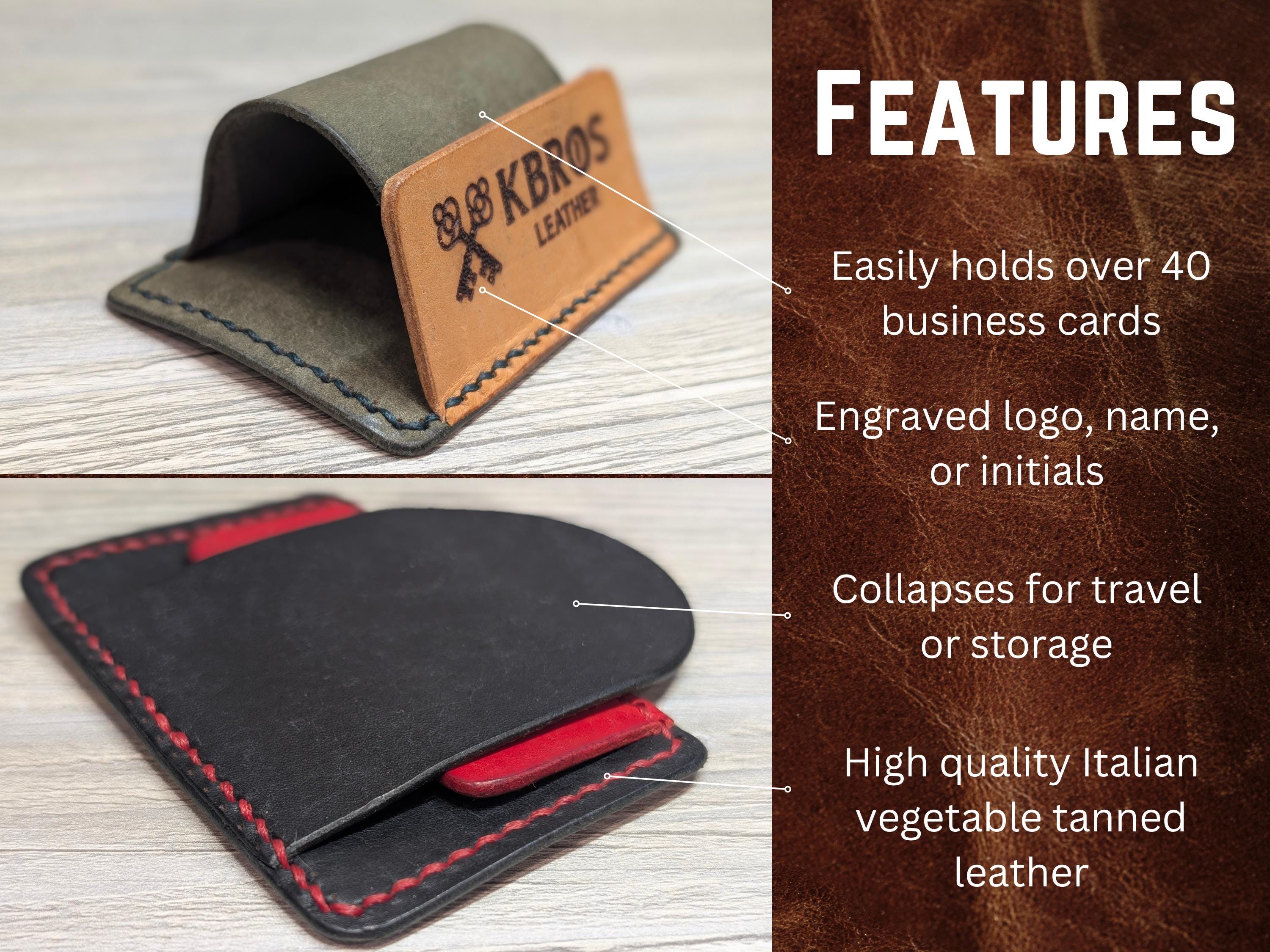 Leather Business Card Holder – Collapsible Italian Vegetable-Tanned Leather with Custom Logo Engraving - Thumbnail 4