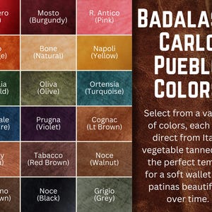 May include: A color chart of Badalassi Carlo Pueblo leather swatches. The chart displays various colors, including red, orange, yellow, green, blue, violet, brown, and grey. Text on the right side reads "BADALASSI CARLO PUEBLO COLORS".
