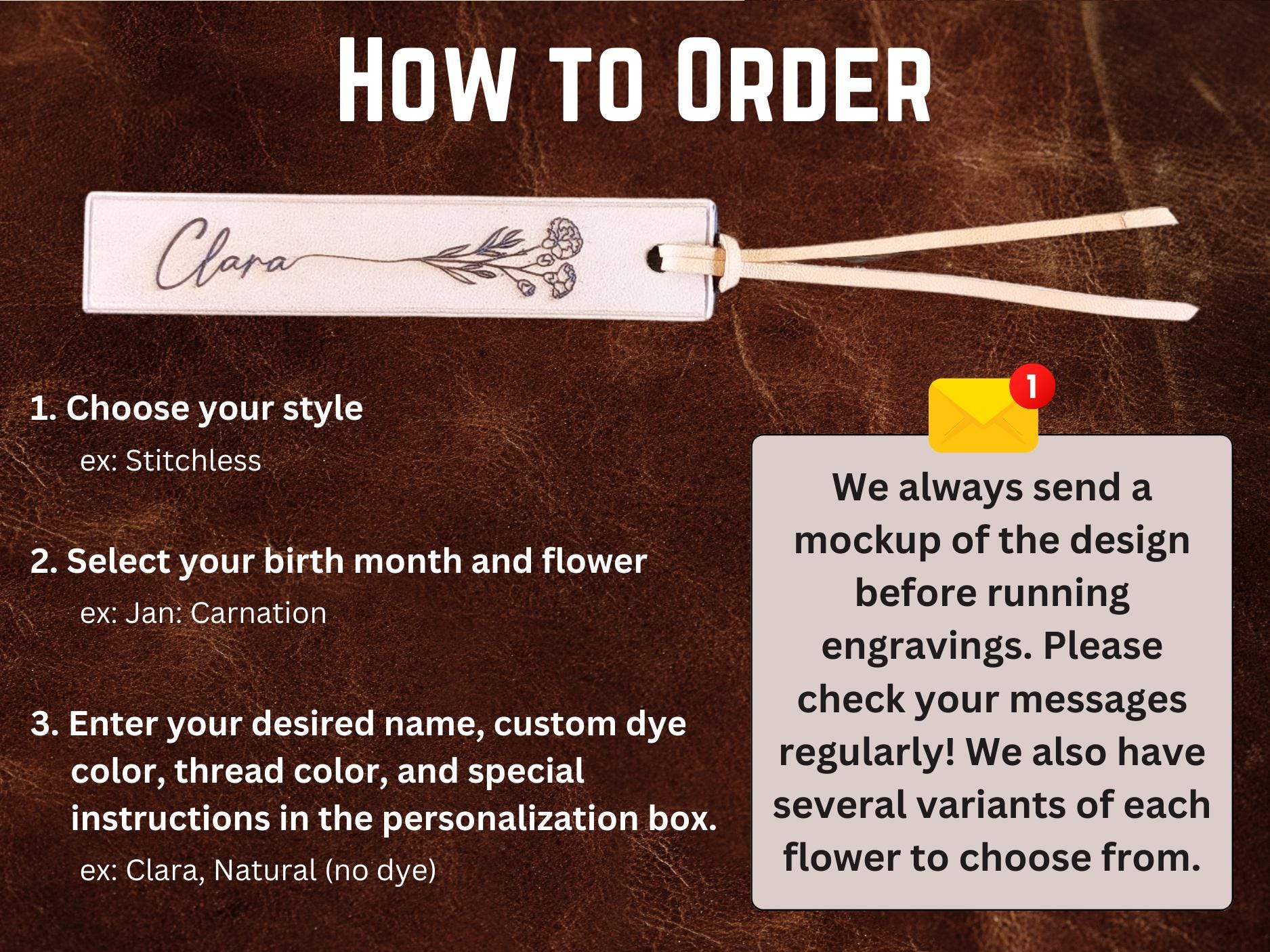Personalized Birth Flower Leather Bookmark: Custom Reader Gift - Thumbnail 6